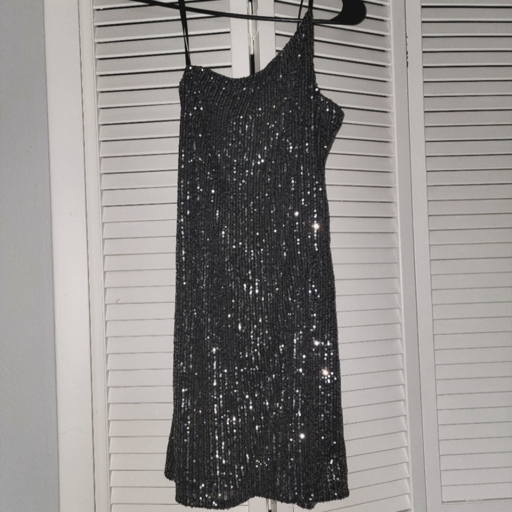 Dark gray spaghetti string mini sequin dress, never worn.